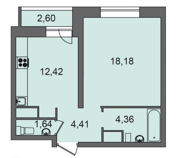 Однокомнатная квартира 42.31 м²