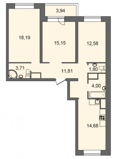 Трёхкомнатная квартира 83.89 м²