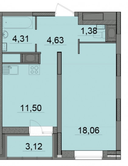 Однокомнатная квартира 41.44 м²